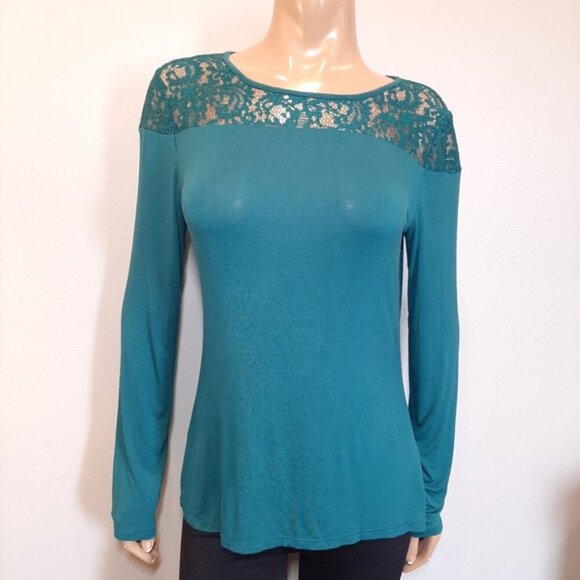 3/$20 Laundry By Shelli Segal Lace Long Sleeve Top Teal Green Rayon Blouse - Picture 12 of 12